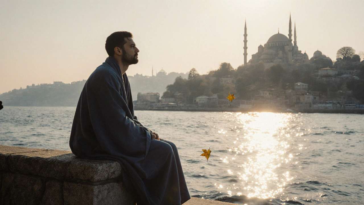 A man sitting peacefully by the Bosphorus at sunrise, embodying calm and emotional release after a session.