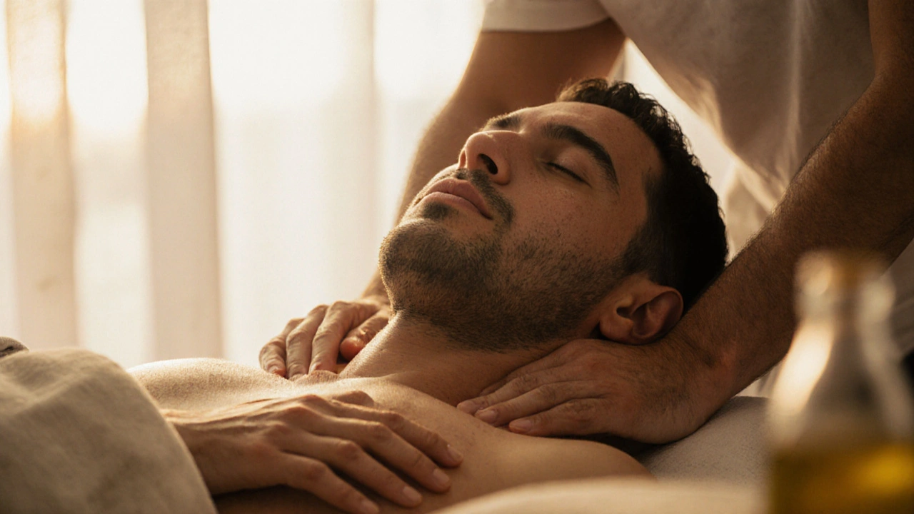 A man with closed eyes and tears on his cheeks, experiencing emotional release during a sacred massage session.