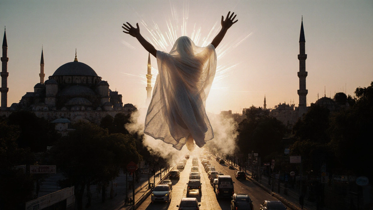 A person floating peacefully above Istanbul, cradled by glowing hands of light and steam, symbolizing deep relaxation amid the bustling city below.
