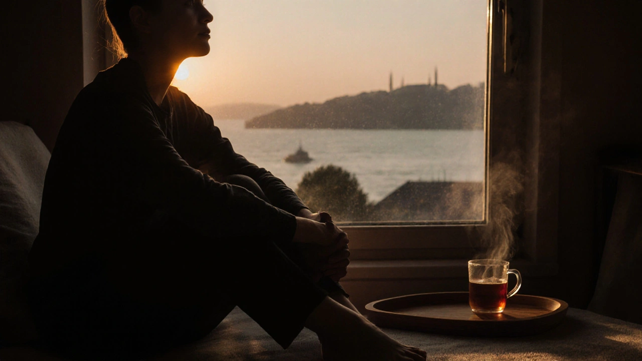 A person sitting peacefully after a session, eyes closed, with twilight visible through a window and tea steaming nearby.