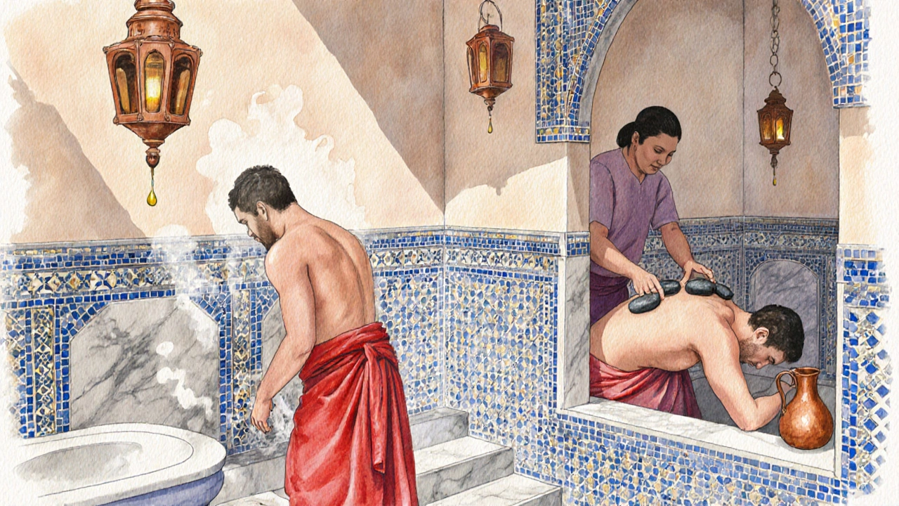 A person wrapped in a red towel stepping from a steamy hammam into a massage room, with heated stones and oil being applied gently.