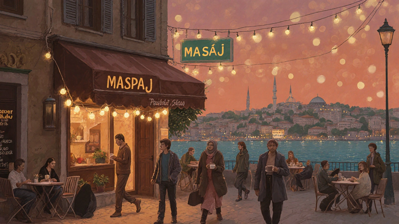 A quiet Beşiktaş spa entrance at dusk with warm lights, locals walking by, and the Bosphorus in the background.