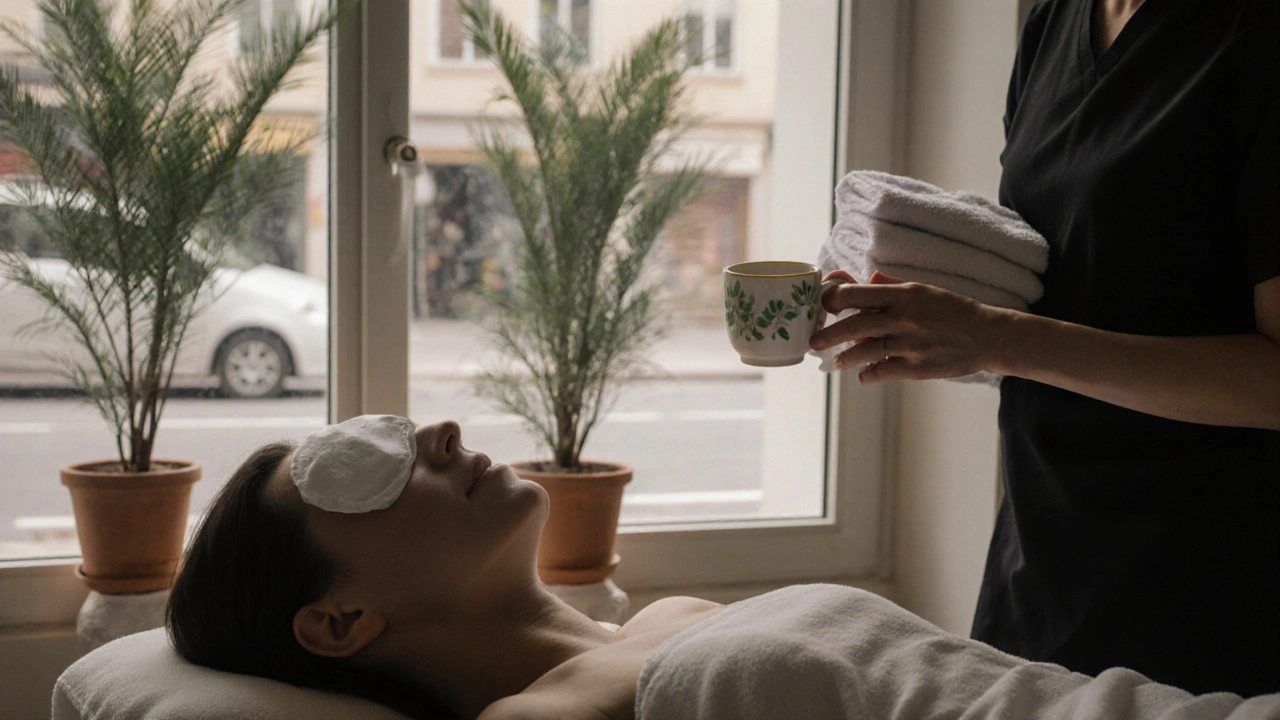 A relaxed client sipping tea after a massage, with a warm compress over their eyes in a calm, sunlit room.