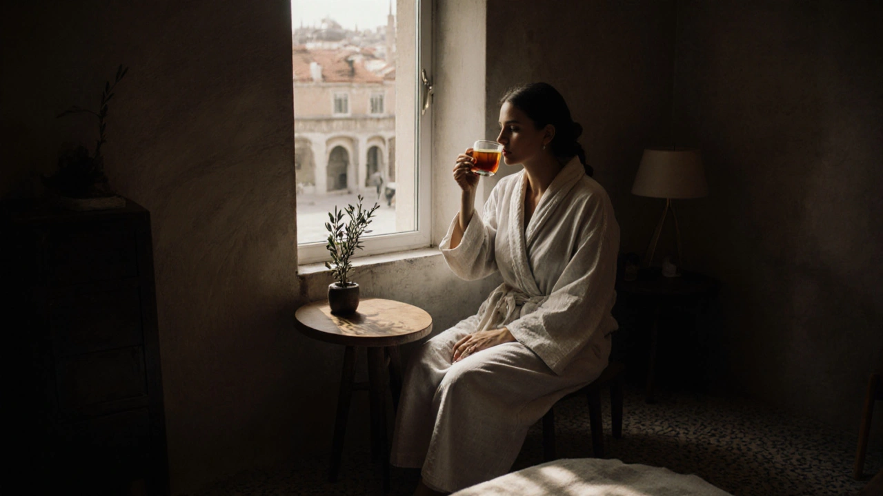 A relaxed traveler sipping tea after a massage, wrapped in a robe beside a window overlooking a quiet courtyard.
