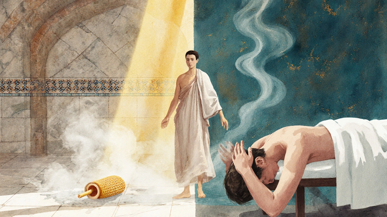 A serene blend of Turkish hammam and massage therapy with golden light connecting both traditions.