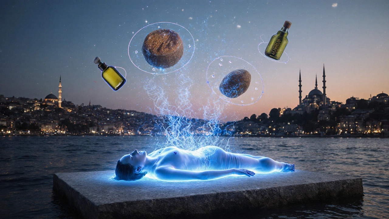 A serene human figure floating above the Bosphorus, surrounded by symbolic elements of Turkish massage traditions in a surreal, dreamlike sky.
