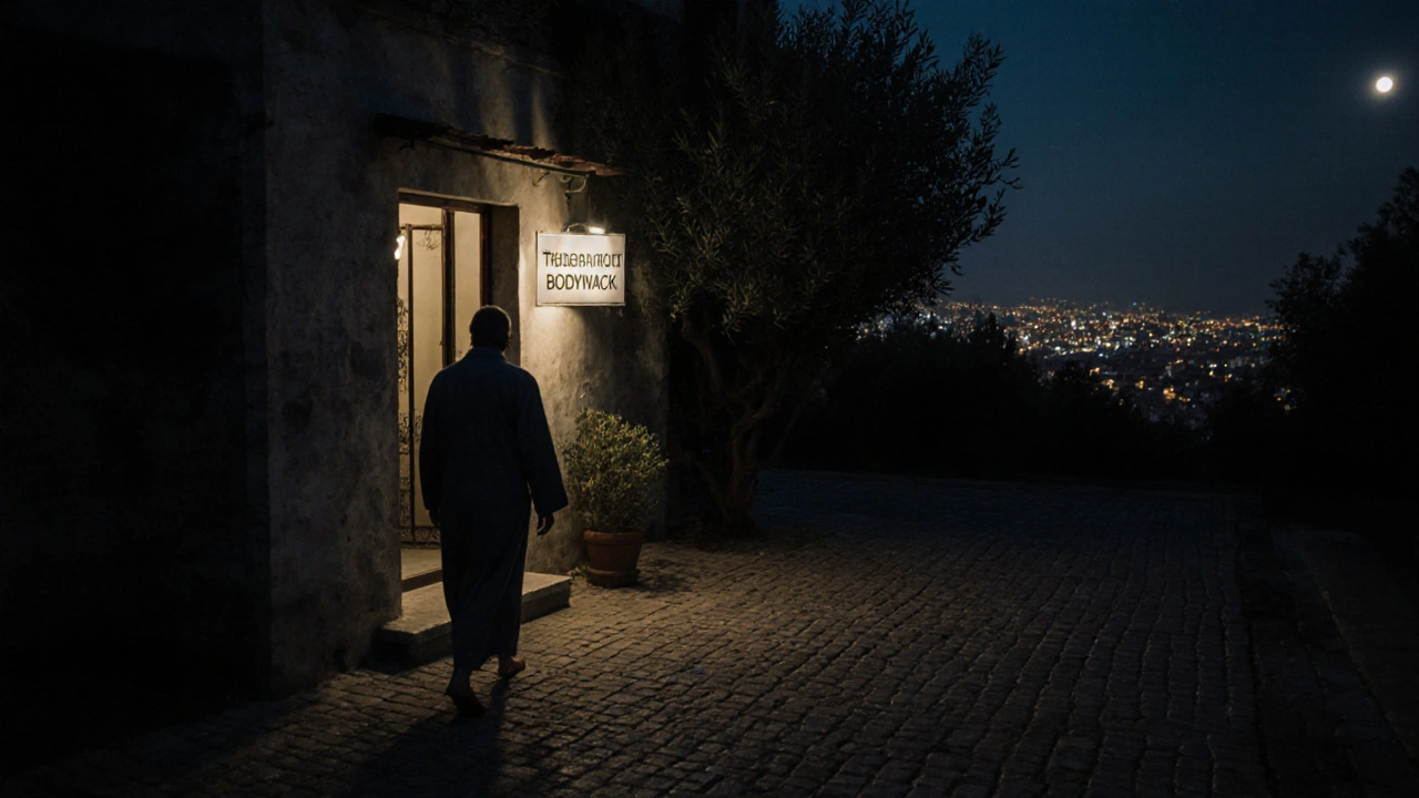 A solitary figure approaching a discreet villa at night in Kadıköy, under moonlight with soft ambient glow.