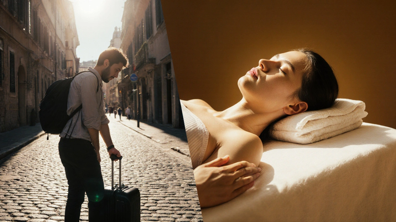 A split image showing a stressed traveler on city streets versus the same person deeply relaxed during a massage.