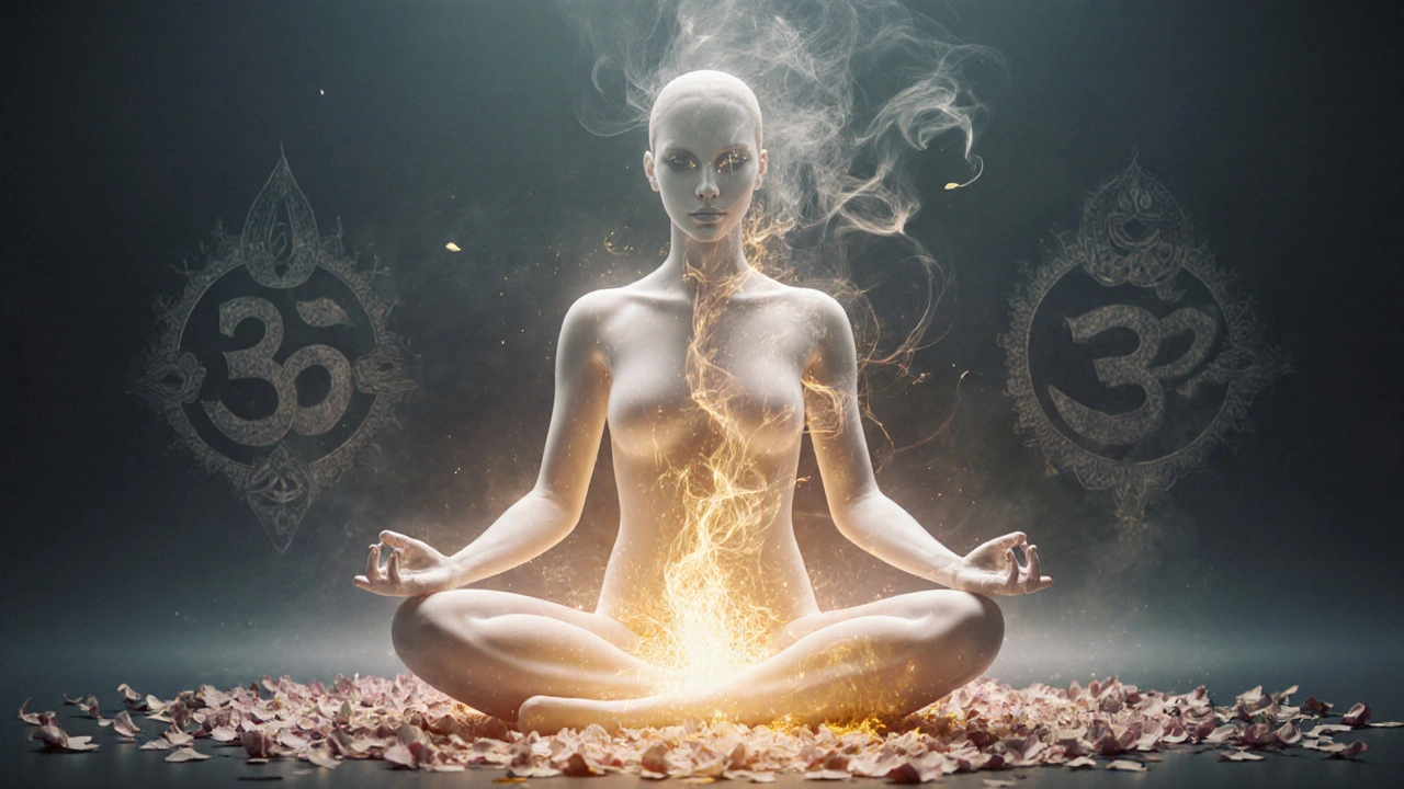 A symbolic figure radiating golden light from her pelvic area as emotional tension transforms into petals and energy.