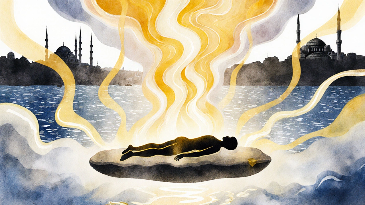 A symbolic watercolor illustration of emotional release through touch, with flowing light and heat surrounding a resting figure.