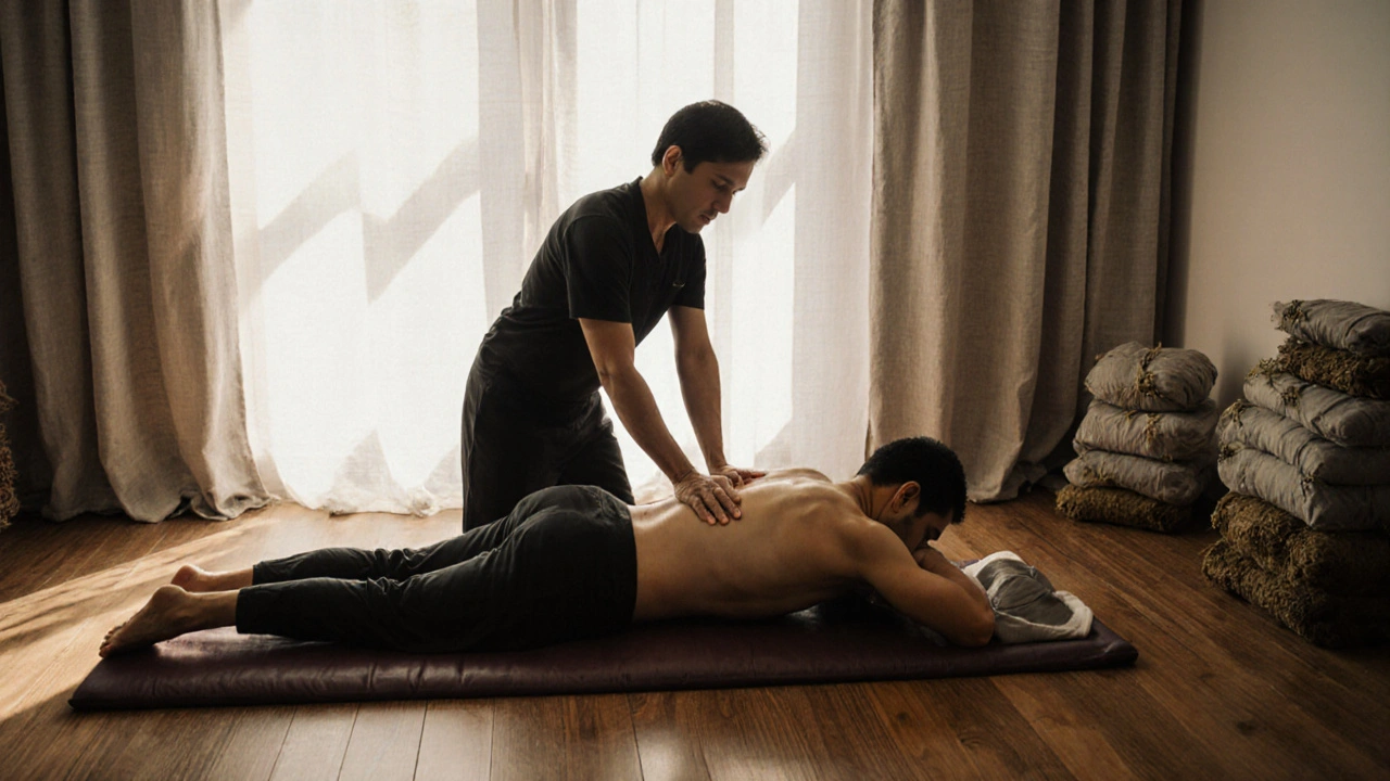 A Thai massage therapist applies acupressure with their foot on a client’s back using herbal compresses on a floor mat.