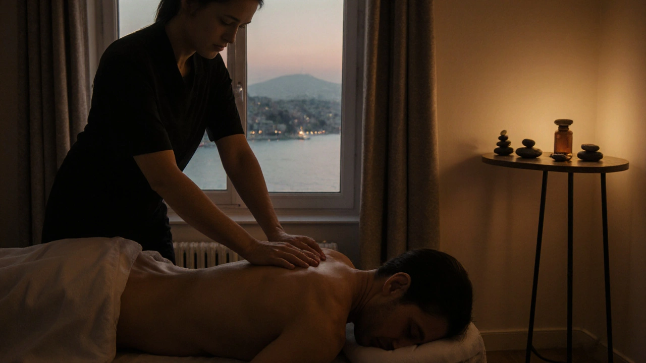 A therapist applying deep tissue massage in a peaceful apartment setting with warm lighting.
