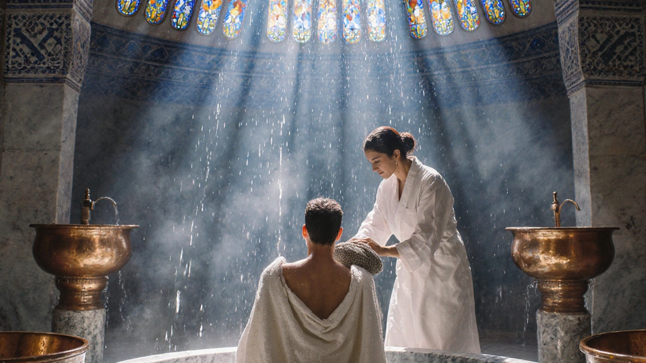 A therapist exfoliating a client&#039;s shoulders in a traditional Turkish hammam with steam and marble surroundings.