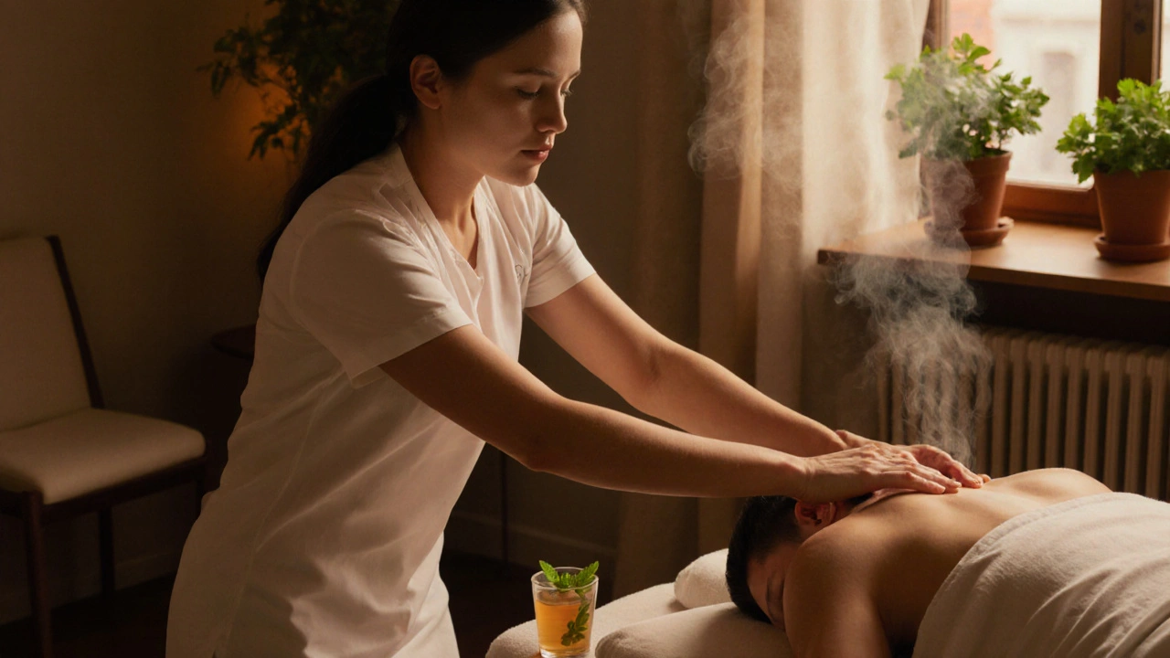 A therapist giving a deep tissue massage to a relaxed traveler in a quiet, modern spa studio.