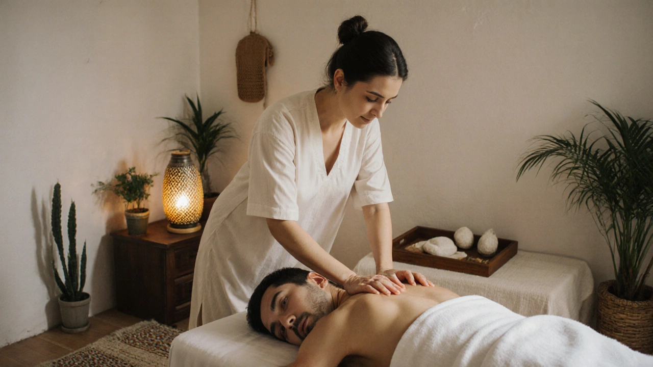 A therapist giving a warm oil massage to a client in a quiet, clean room with traditional Turkish details.