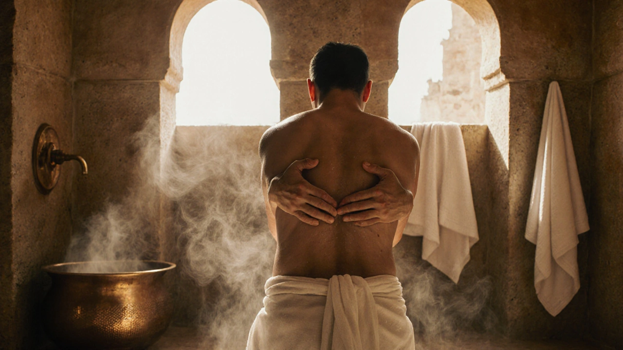 A therapist performing a traditional hammam massage in a steamy stone chamber with a client wrapped in a scrub cloth.