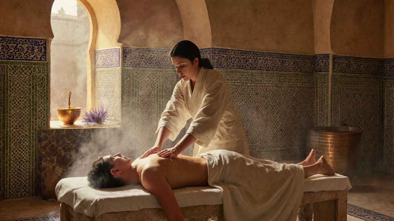 A traditional Turkish hammam massage on a heated marble slab, with steam rising and therapist applying oil in soft, rhythmic motions.