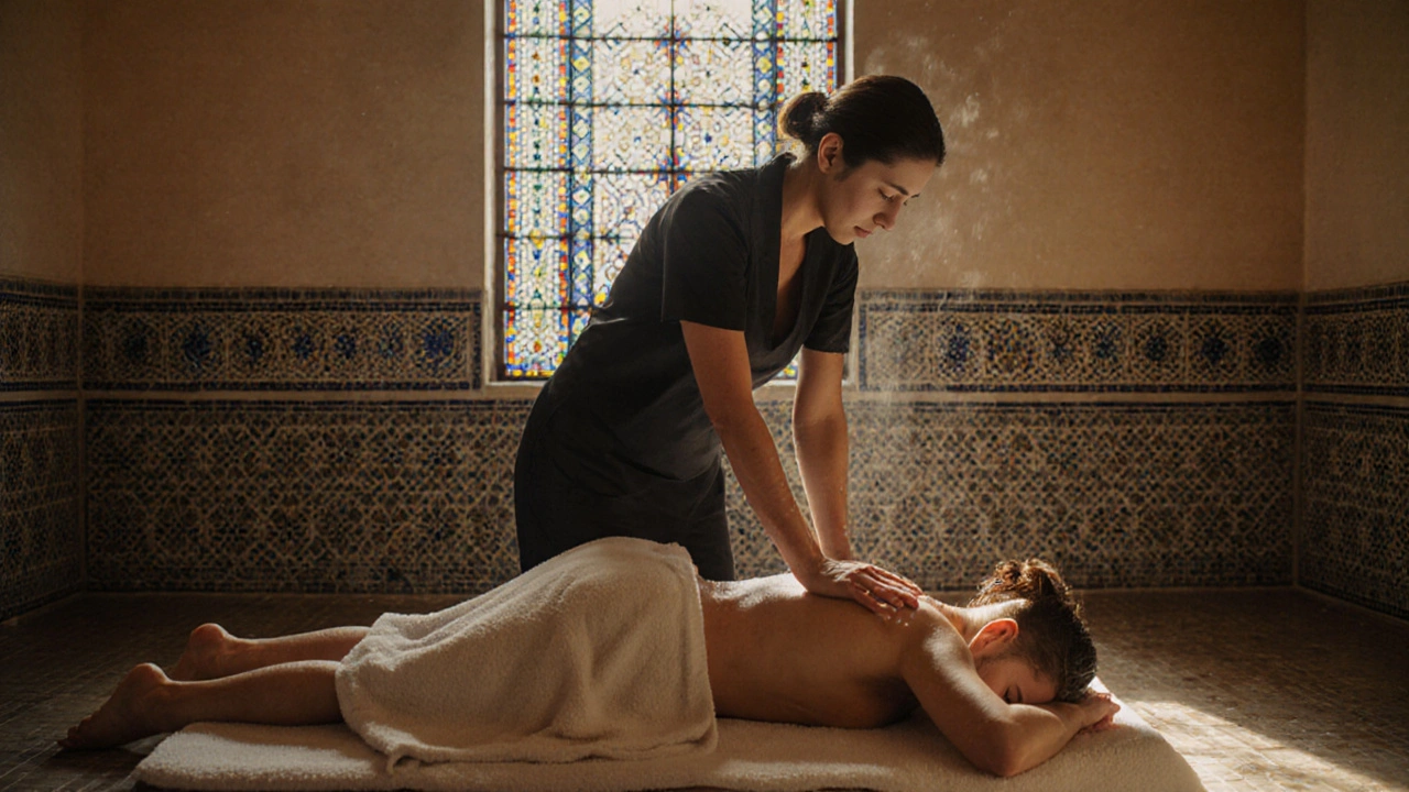 A traditional Turkish hammam setting with a therapist performing a therapeutic massage on a client after steam.