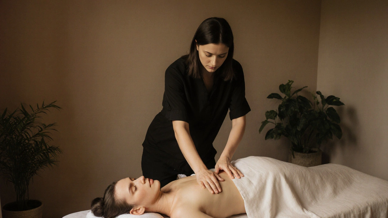 A trained practitioner performing a gentle yoni massage in a calm, clean healing room with soft lighting.