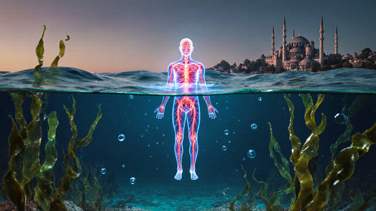 A translucent human figure floating in calm water, glowing neural pathways shifting from chaos to serenity, surrounded by seaweed and oil droplets.