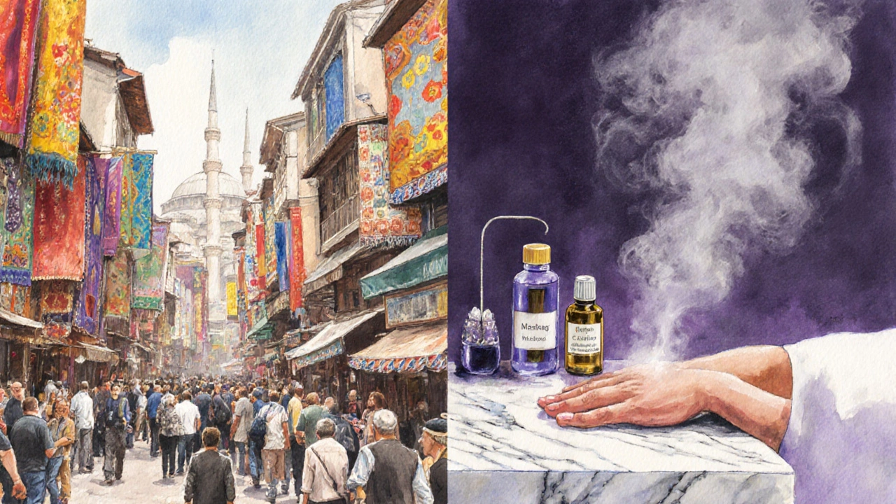 A watercolor contrast between Istanbul&#039;s busy bazaar and a peaceful massage room linked by lavender-scented steam.