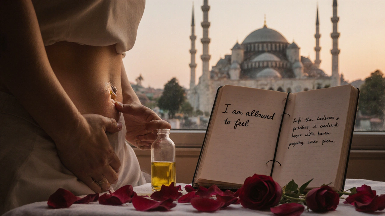 A woman gently massaging her own abdomen with oil, rose petals nearby, Istanbul minarets visible in the distance.