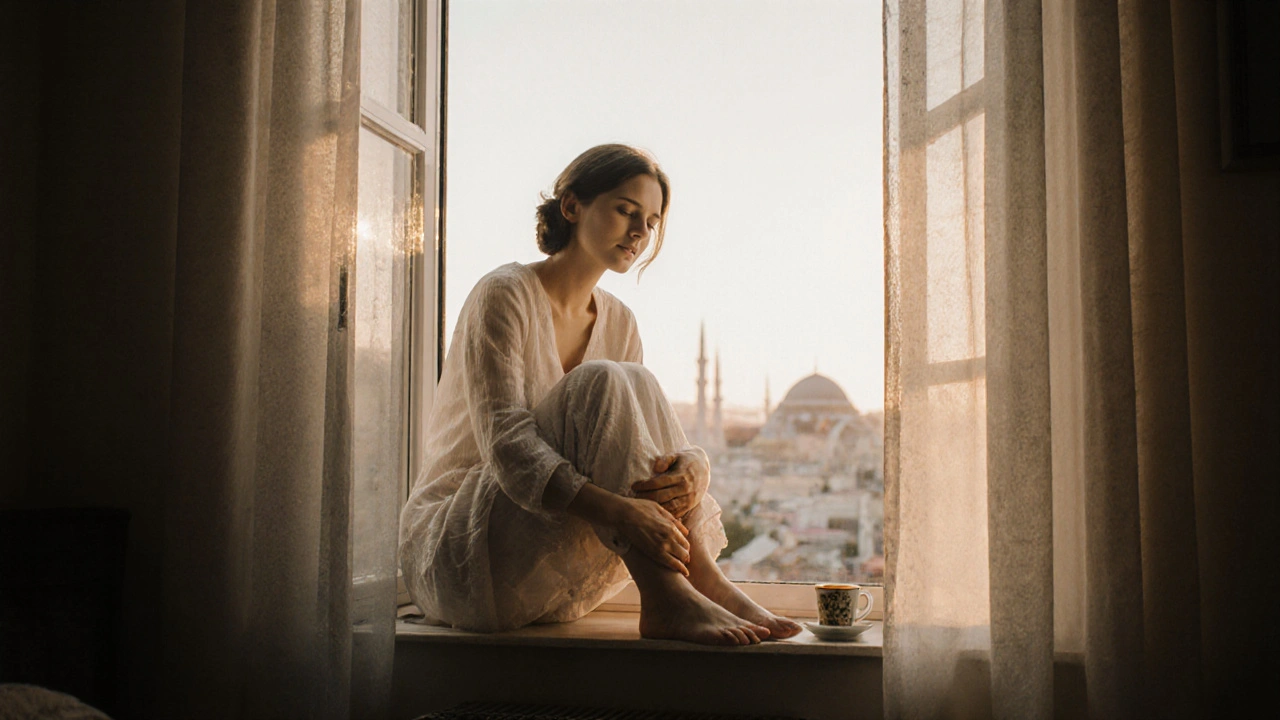 A woman sitting alone at dawn, hand on her abdomen, bathed in soft sunlight, lost in peaceful self-reflection.