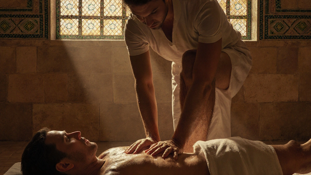 Abstract human forms in quiet contact, symbolizing therapeutic touch and emotional release in a traditional hammam setting.