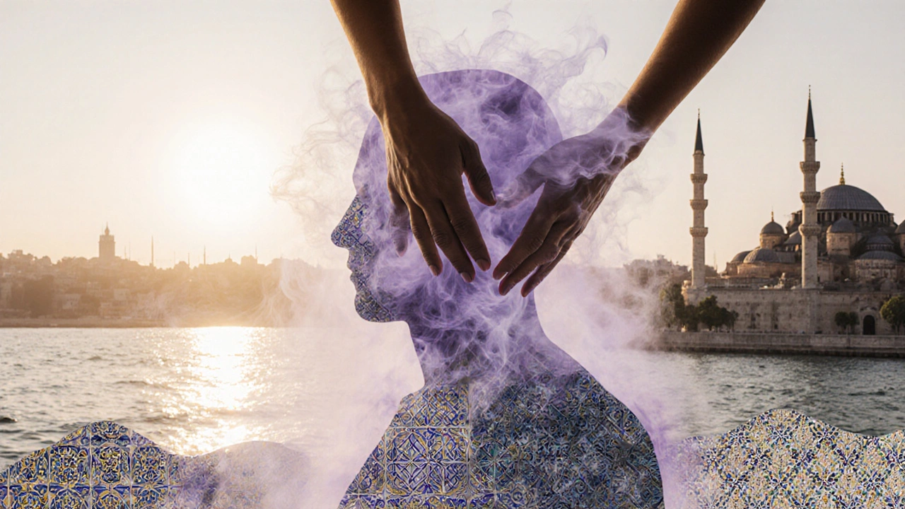 Abstract representation of massage therapy blending Turkish culture and natural elements