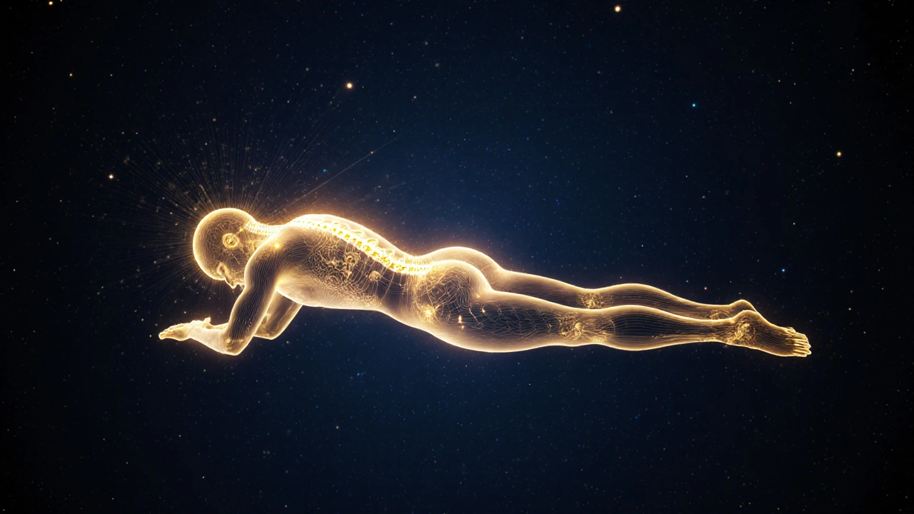 An abstract golden energy aura flowing through a human body in a dark space, connected by glowing lines at key points.