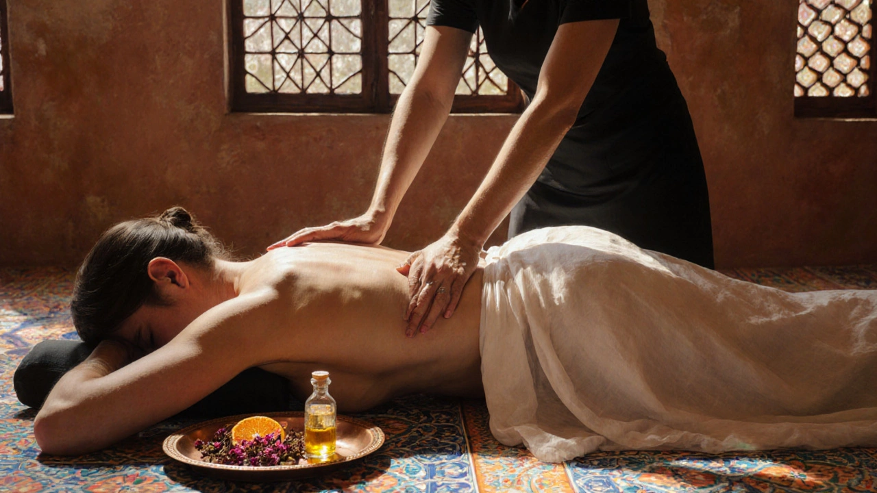 An intimate body-to-body massage in a traditional Ottoman villa, with warm tones and natural oils enhancing the healing atmosphere.