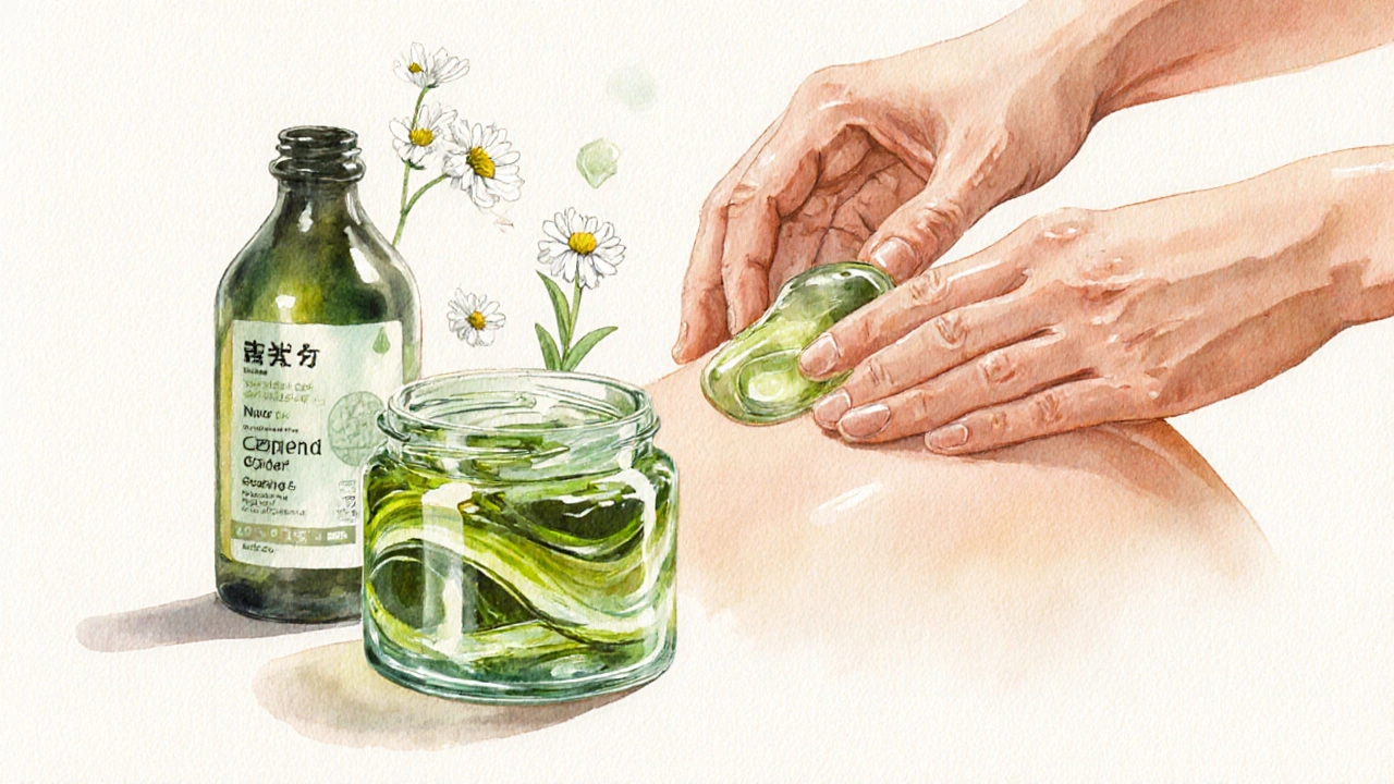 Close-up of clear nuru gel in a jar with seaweed extract and gentle hand application, natural and clean aesthetic.