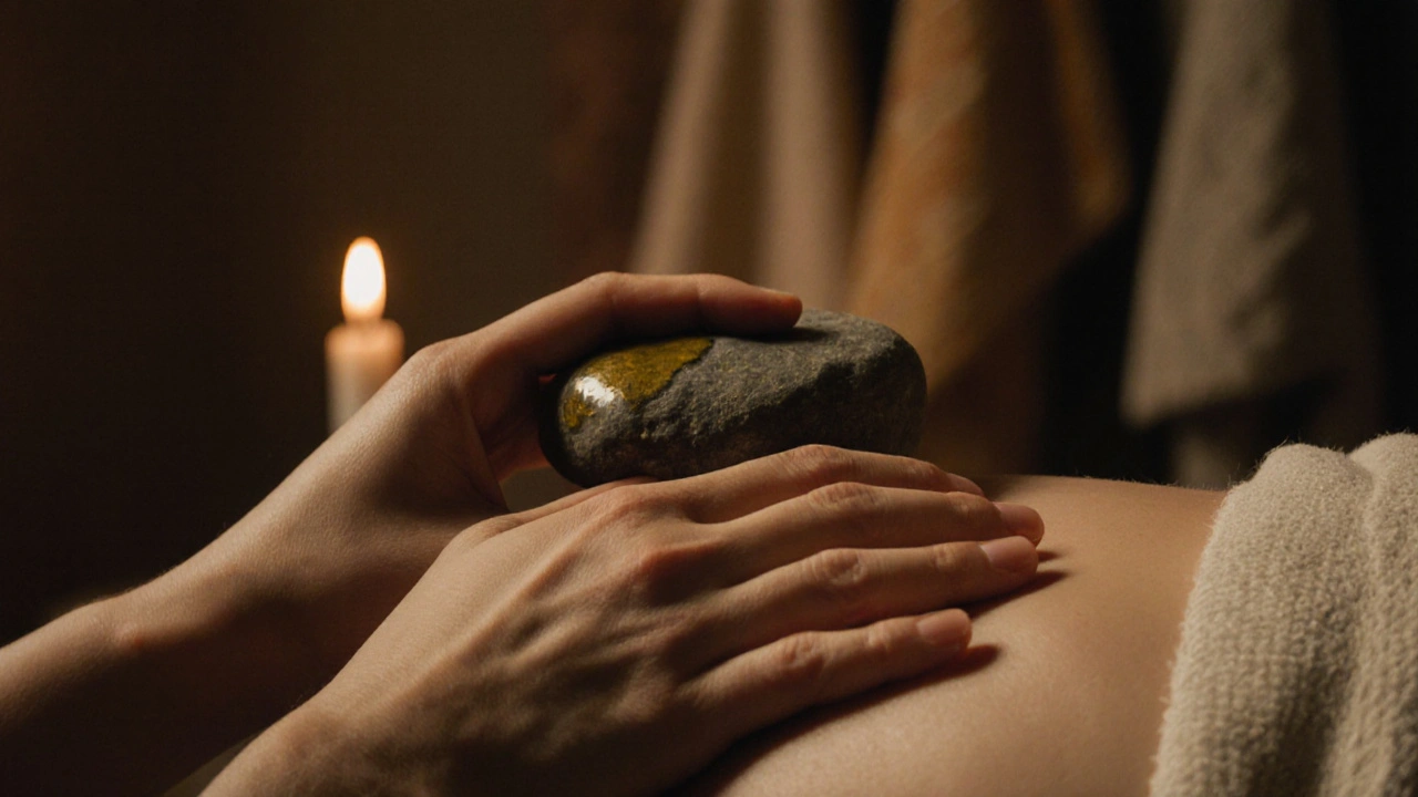 Close-up of hands holding a warm stone and resting on a shoulder, illuminated by candlelight in a quiet space.