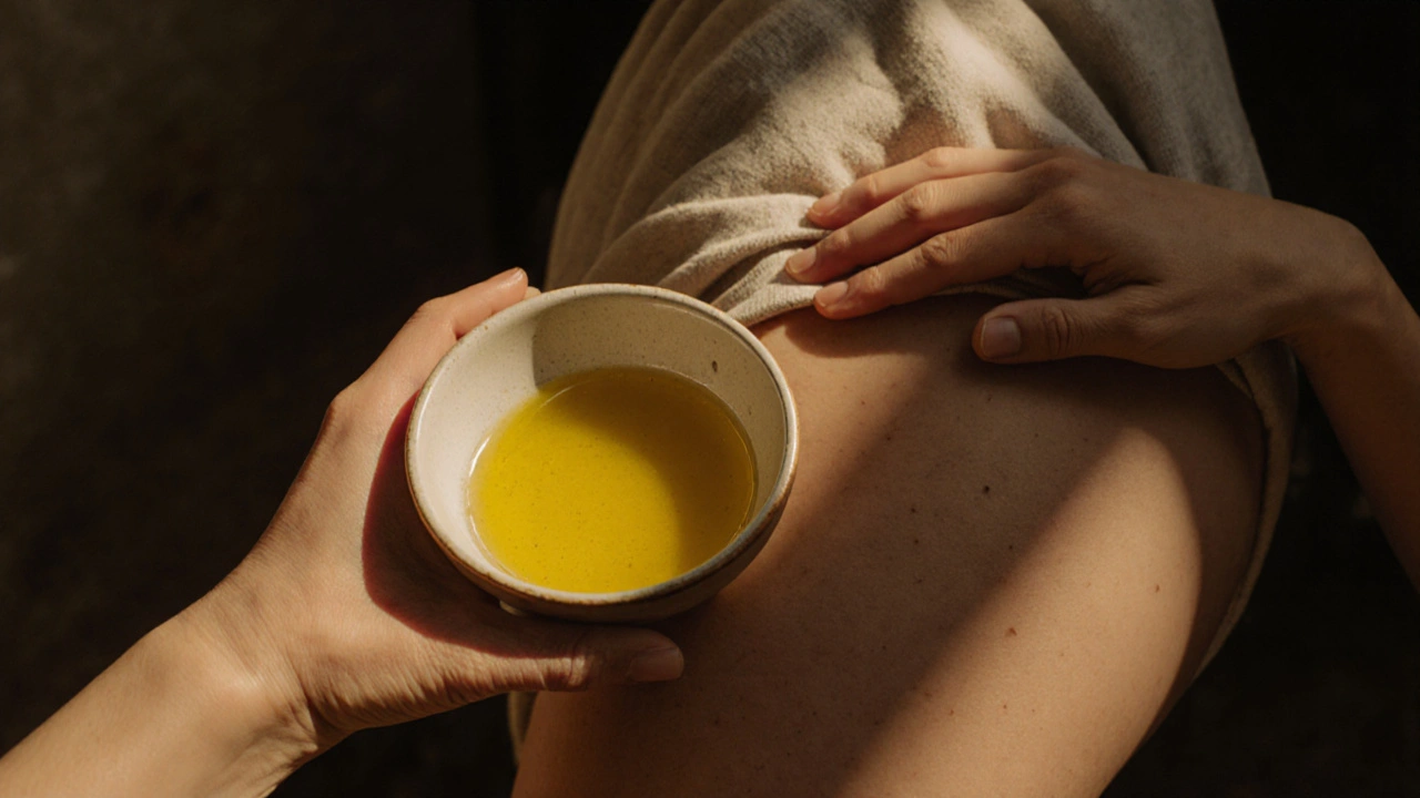 Close-up of hands holding warmed coconut oil and resting on a woman's hip, with soft natural light and tactile textures.
