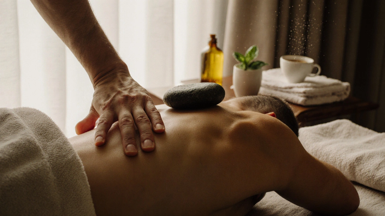 Close-up of hands performing deep tissue massage with a warm stone gliding along the spine, surrounded by herbal oils and tea.