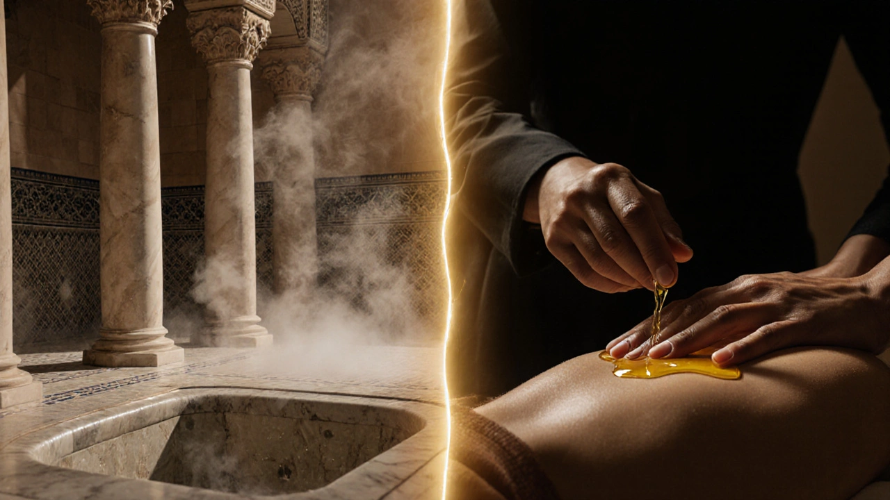 Conceptual art showing traditional Turkish hamam and modern massage room connected by golden light, symbolizing relaxation.