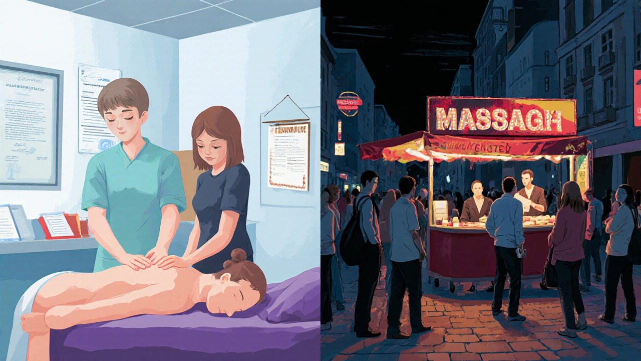 Contrasting scenes: licensed therapist in clinic vs. unlicensed street vendor, highlighting safety and professionalism.