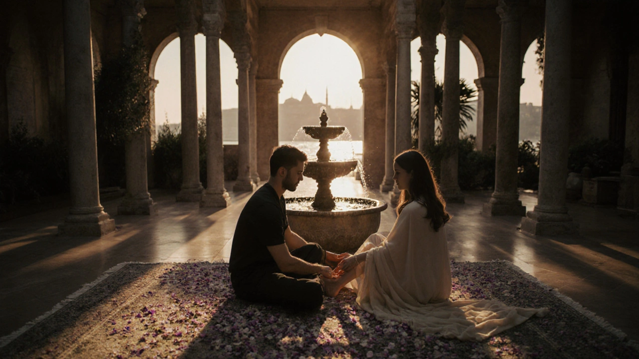 Couple gently touching feet on a rug beside a fountain, soft fabric and distant city glow, serene evening atmosphere.