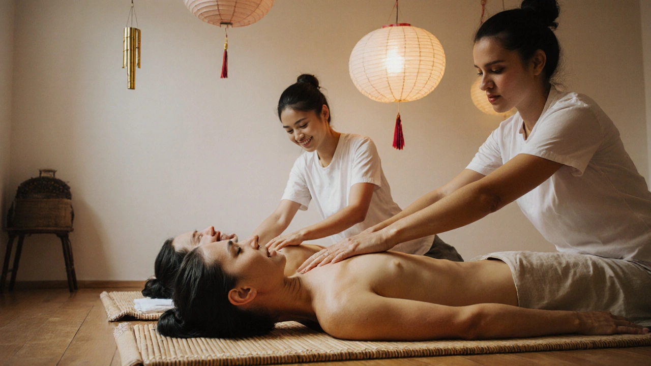 Couples receiving Thai massage side by side in a serene studio with soft lantern lighting.