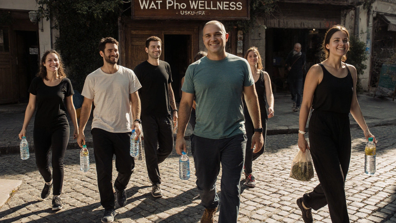 Diverse clients leave a Thai wellness studio in Istanbul with improved posture, holding herbal tea bags under morning sunlight.