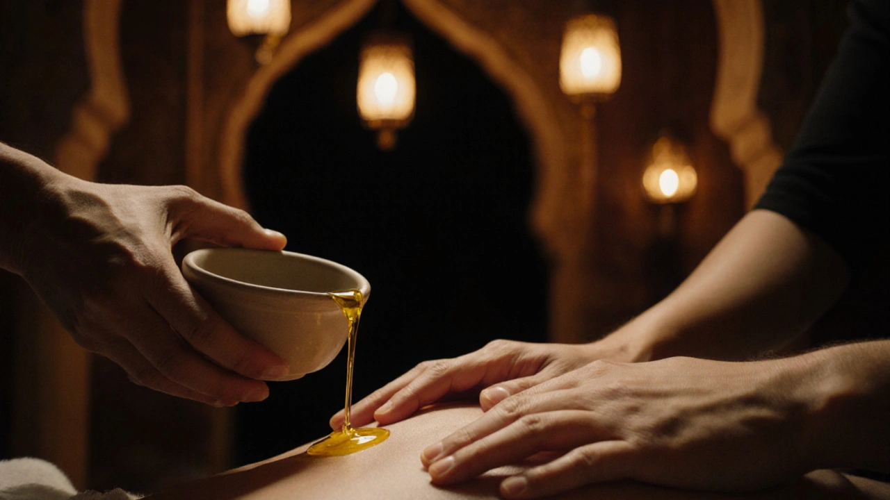 Hands pouring warm oil onto a back, surrounded by soft candlelight and Turkish archways in a quiet spa.