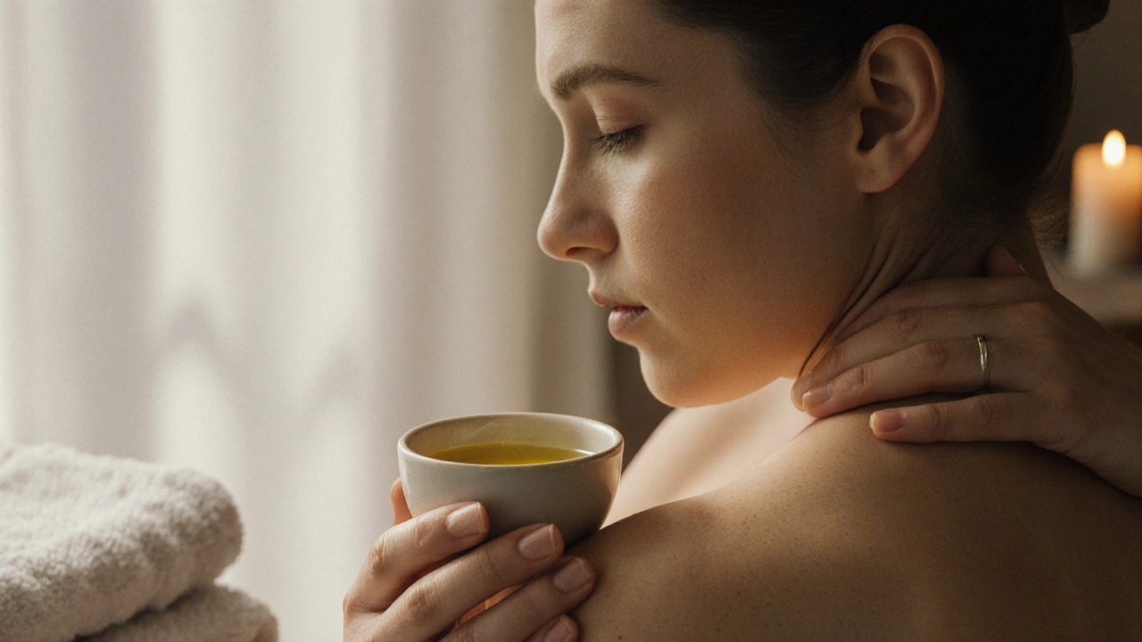 Intimate close-up of hands applying warm oil to a shoulder, tear glistening, soft sunlight and candlelight.