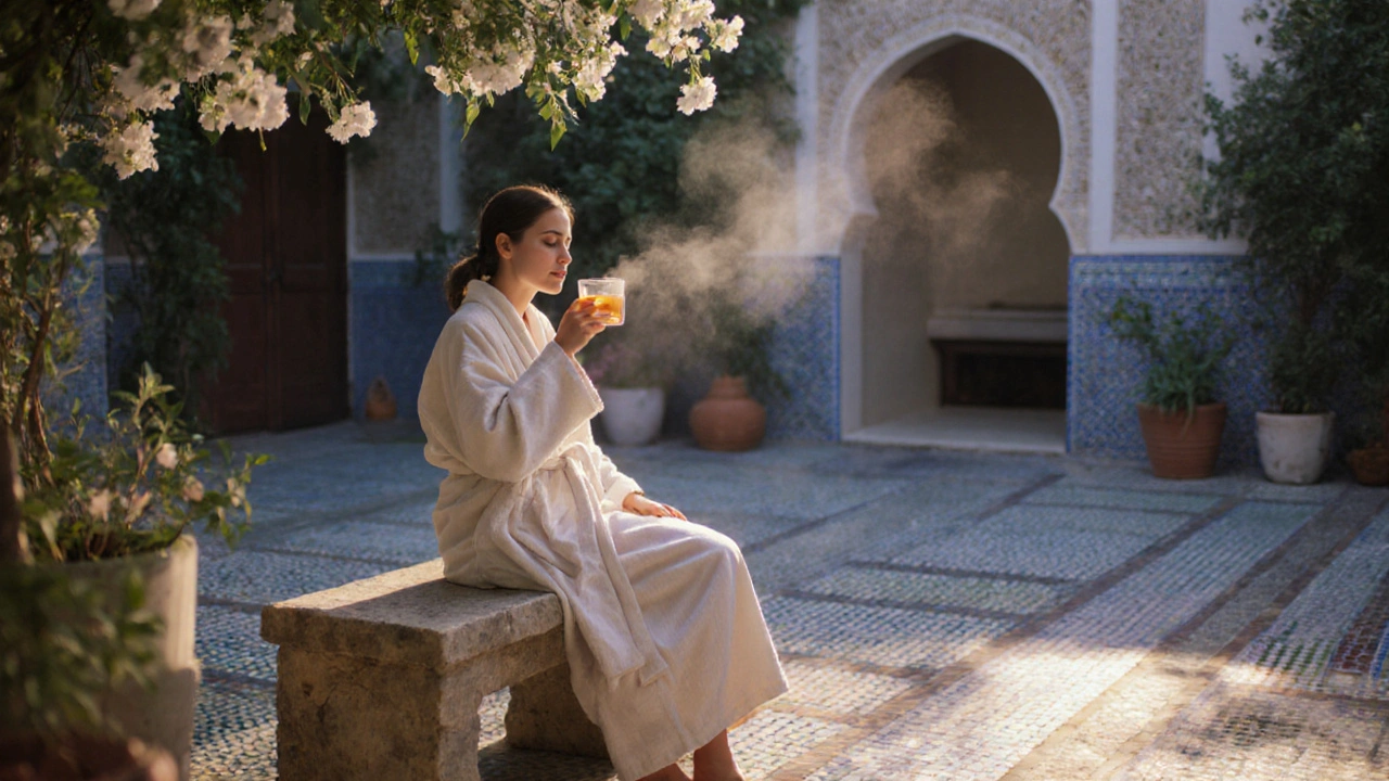 Relaxed client sipping tea in a quiet garden courtyard after a massage, wrapped in a robe under jasmine flowers.