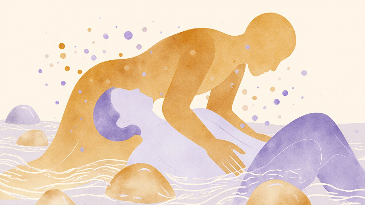 Soft watercolor illustration of flowing bodies representing the healing motion of skin-on-skin massage without explicit detail.
