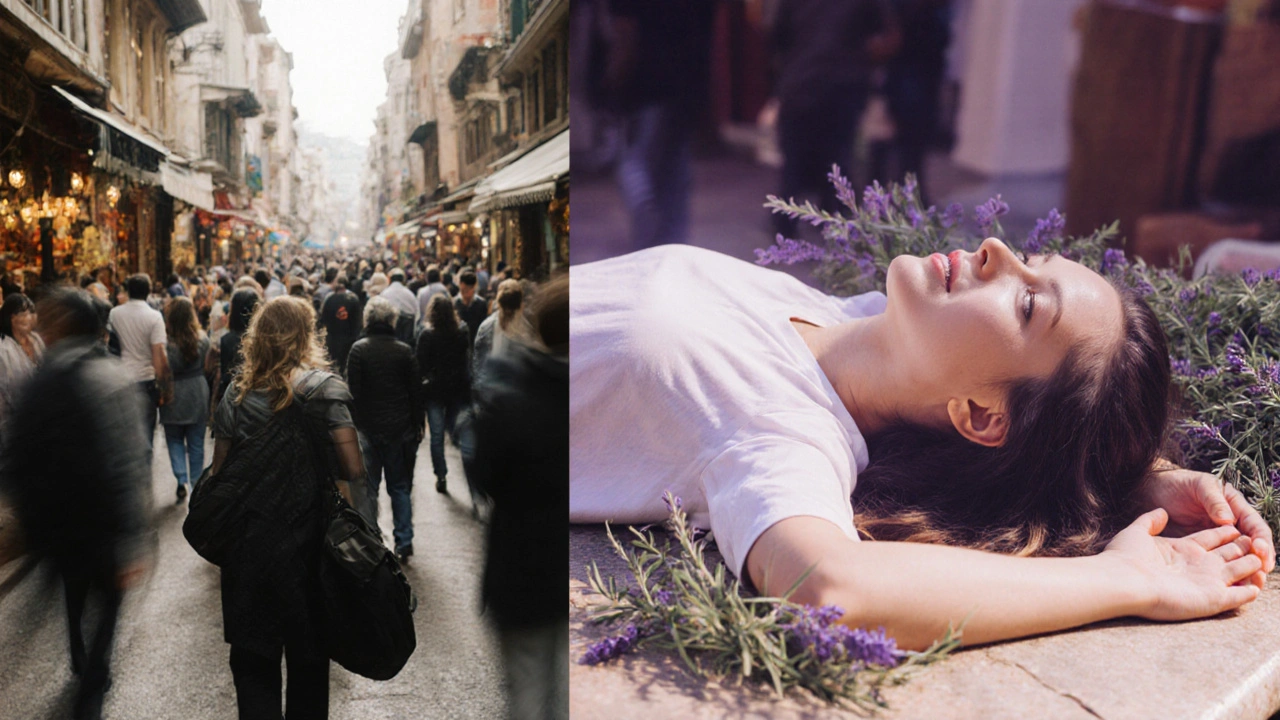 Split image: a stressed tourist in a crowded bazaar vs. the same person peacefully receiving a massage.