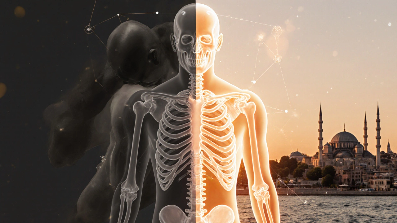 Split image showing a tense body transforming into a relaxed, aligned state after Thai massage with glowing energy lines.