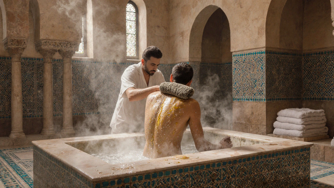 Steam rising in a traditional Turkish hammam as a therapist scrubs a guest&#039;s skin with a kese glove.
