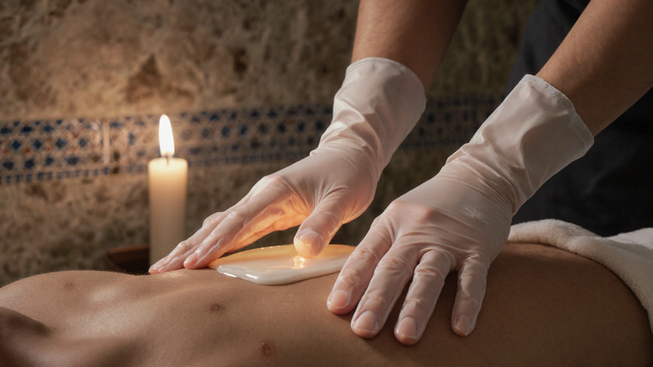 Therapist&#039;s hands applying slow, intentional touch during a lingam massage with warm oil and candlelight.