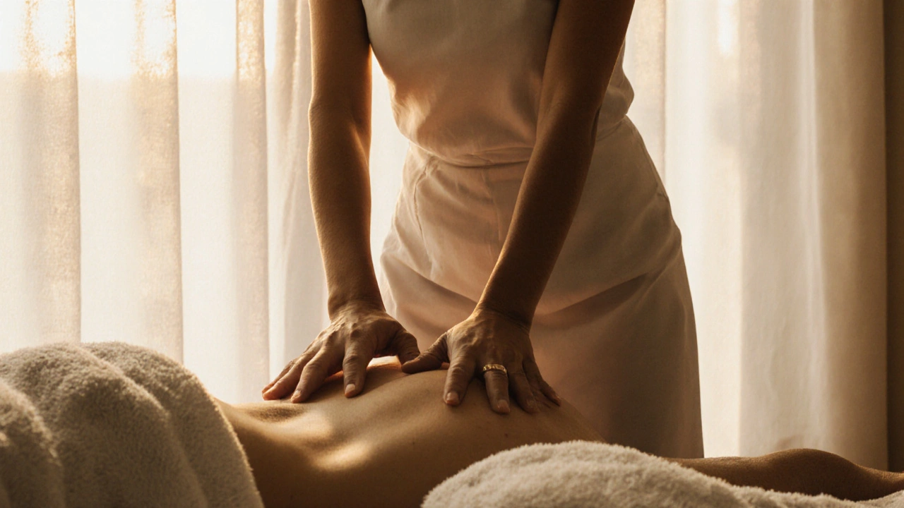 Therapist&#039;s hip applying gentle pressure along a client&#039;s glutes during a professional body-to-body massage.