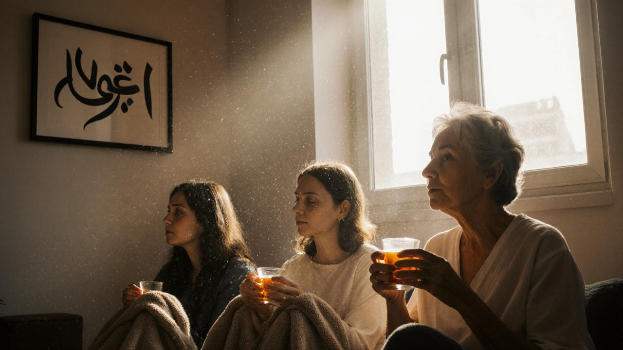 Three women relaxing after yoni massage sessions, sipping tea in a sunlit studio, symbolizing healing and connection.